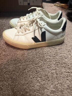 Veja White Leather Sneakers with Black V Logo